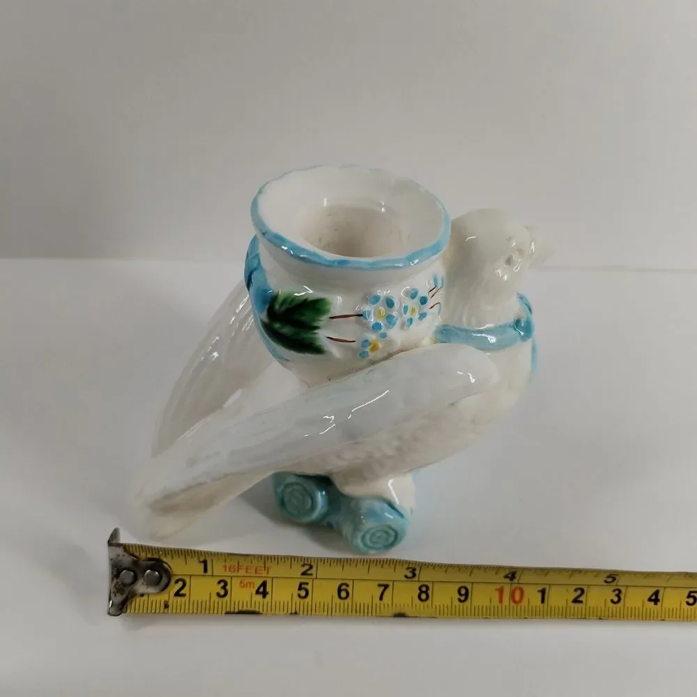 Vintage 1988 The Haldon Pair Dove Bird‎ Candle Holders White Blue Ribbon 4